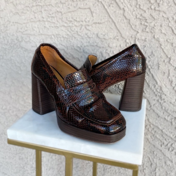 SEZANE Brown Snakeskin Leather Platform Penny Loafers Square Toe Jessie Heels 38 - Picture 1 of 17